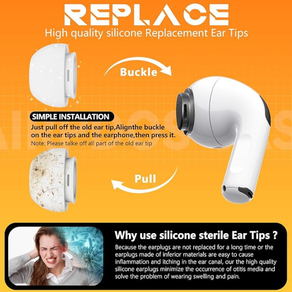 4 Pairs Replacement Ear Tips for AirPods Pro 1/2, Silicone Earbuds with Noise Reduction Hole, Cleaning Kit & Storage Box (XS/S/M/L) White