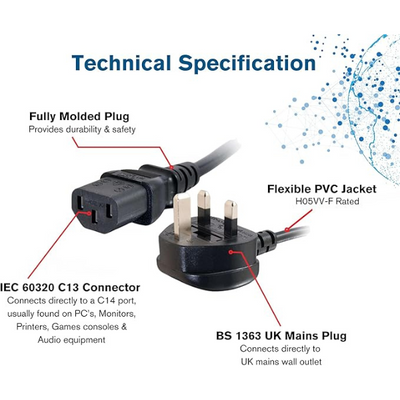 1m UK Power Cable IEC C13 to BS1363 Kettle Lead Power Cord, Black 3ft