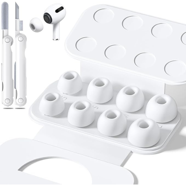 4 Pairs Replacement Ear Tips for AirPods Pro 1/2, Silicone Earbuds with Noise Reduction Hole, Cleaning Kit & Storage Box (XS/S/M/L) White
