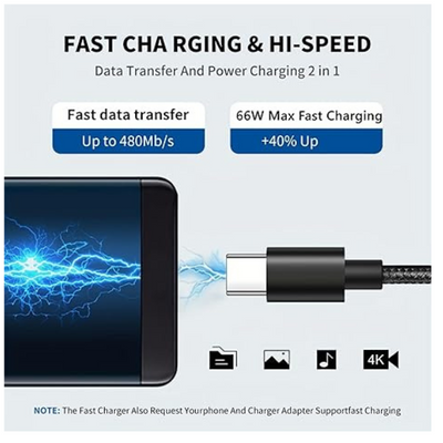 USB C Charger Cable 2m Fast Charging Braided USB A to USB C for Phone, Tablet & More