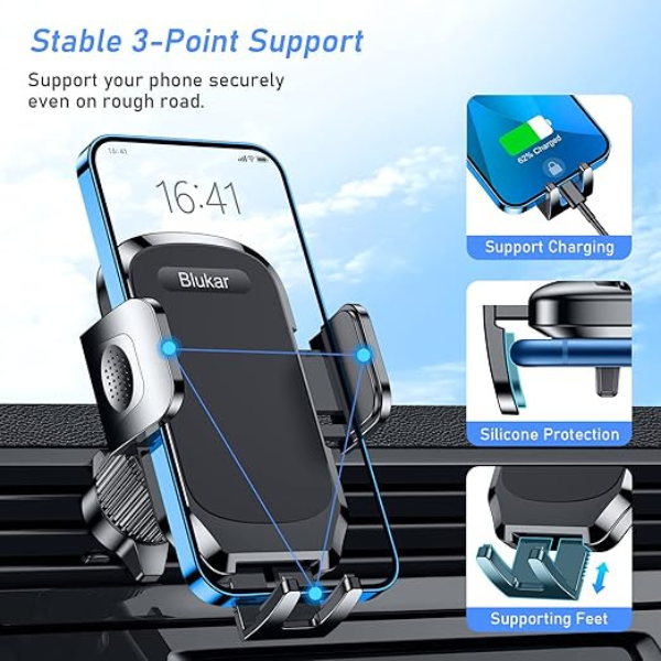 Car Phone Holder for Air Vent, 360° Rotation Mount with Stable Hook Clip for 4–6.7" Phones