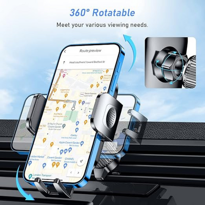 Car Phone Holder for Air Vent, 360° Rotation Mount with Hook Clip & One-Touch Release