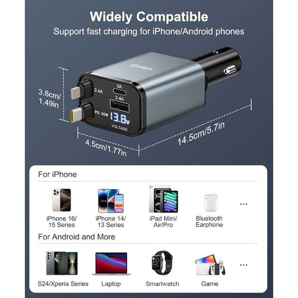 Retractable 69W Fast Car Charger, 4-in-1 USB C Car Adapter with Voltage Display