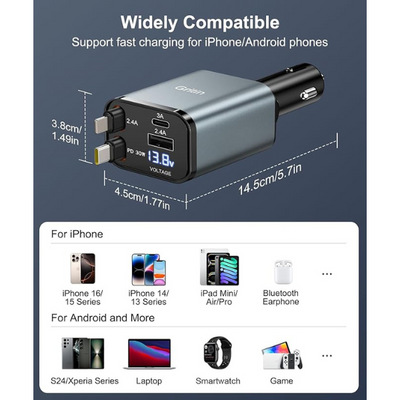 Retractable 69W Fast Car Charger, 4-in-1 USB C Car Adapter with Voltage Display