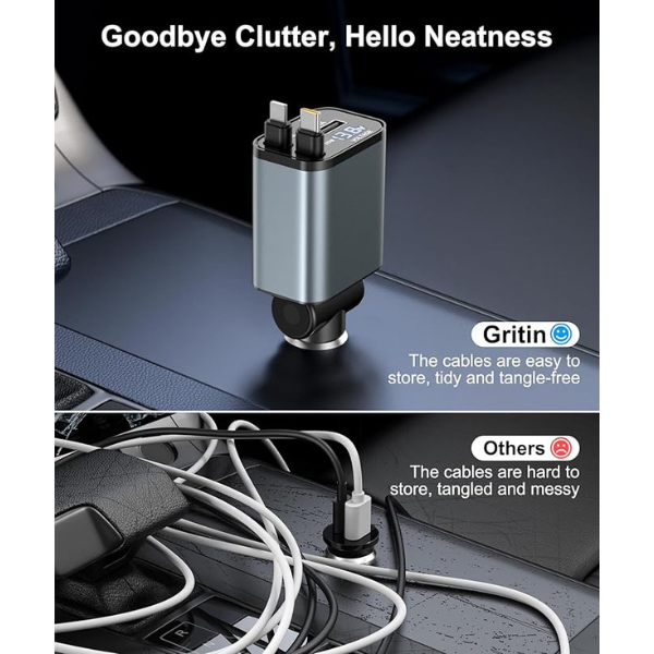 Retractable 69W Fast Car Charger, 4-in-1 USB C Car Adapter with Voltage Display