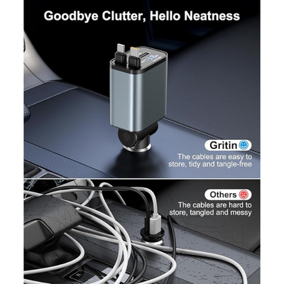 Retractable 69W Fast Car Charger, 4-in-1 USB C Car Adapter with Voltage Display