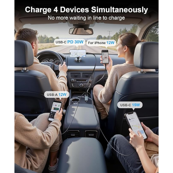 Retractable 69W Fast Car Charger, 4-in-1 USB C Car Adapter with Voltage Display