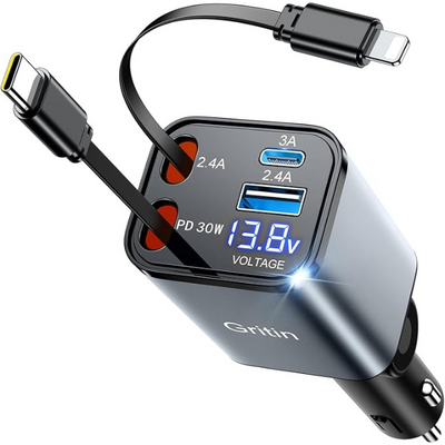 Retractable 69W Fast Car Charger, 4-in-1 USB C Car Adapter with Voltage Display