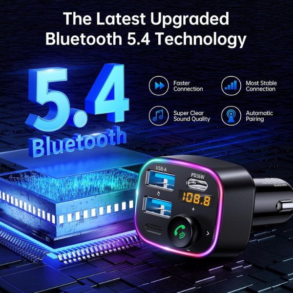 Bluetooth 5.4 FM Transmitter Car Adapter 48W Fast Charger with HiFi Bass & LED Display