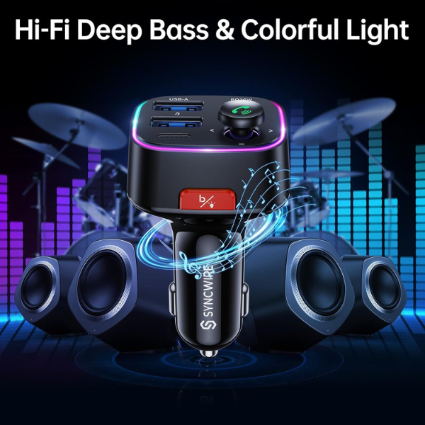 Bluetooth 5.4 FM Transmitter Car Adapter 48W Fast Charger with HiFi Bass & LED Display