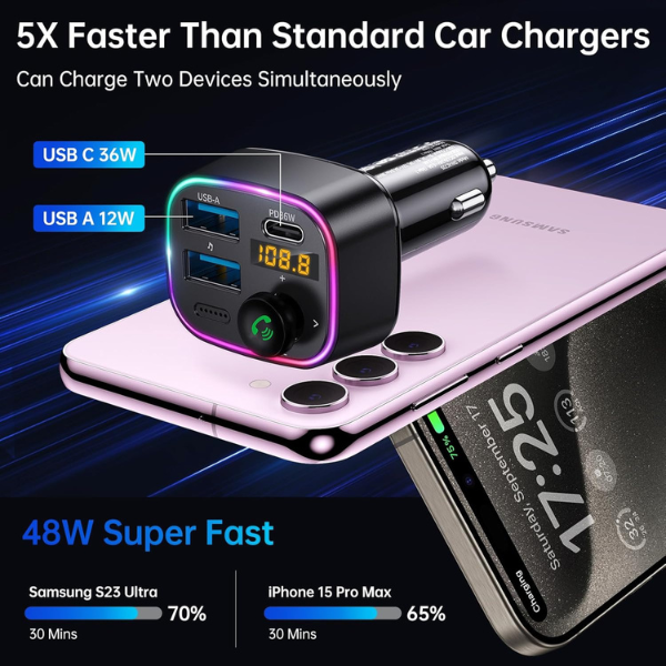 Bluetooth 5.4 FM Transmitter Car Adapter 48W Fast Charger with HiFi Bass & LED Display