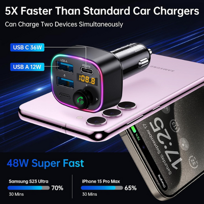 Bluetooth 5.4 FM Transmitter Car Adapter 48W Fast Charger with HiFi Bass & LED Display
