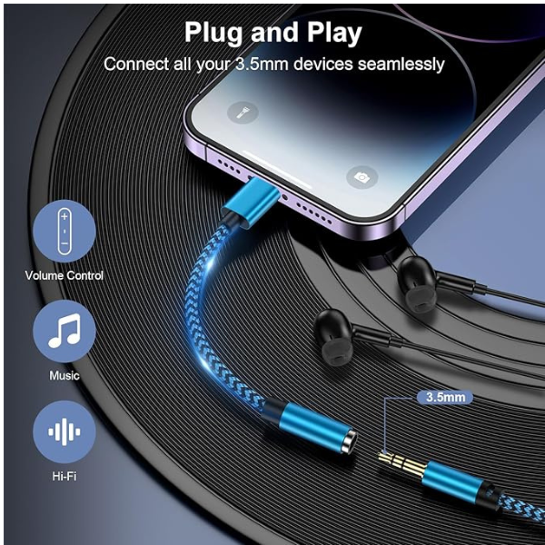 Lightning to 3.5mm Headphone Jack Adapter MFi Certified iPhone Aux Audio Dongle Cable