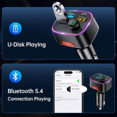 Bluetooth 5.4 FM Transmitter Car Adapter 48W Fast Charger with HiFi Bass & LED Display