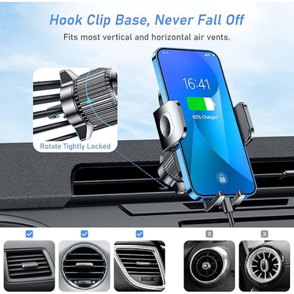 Car Phone Holder for Air Vent, 360° Rotation Mount with Hook Clip & One-Touch Release