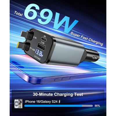 Retractable 69W Fast Car Charger 4-in-1 USB C Adapter with Voltage Display & Cables