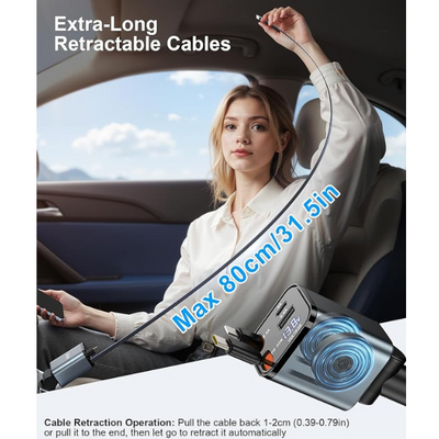 Retractable 69W Fast Car Charger 4-in-1 USB C Adapter with Voltage Display & Cables