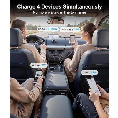 Retractable 69W Fast Car Charger 4-in-1 USB C Adapter with Voltage Display & Cables