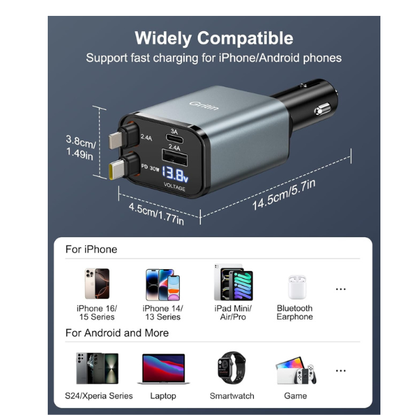 Retractable 69W Fast Car Charger 4-in-1 USB C Adapter with Voltage Display & Cables