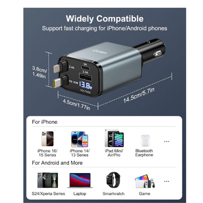 Retractable 69W Fast Car Charger 4-in-1 USB C Adapter with Voltage Display & Cables
