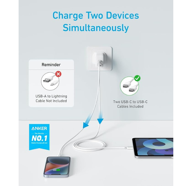 USB C Fast Charger Plug 20W Dual Port with 2-Pack 5ft USB-C Cables for iPhone & More