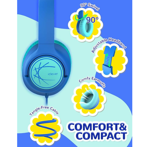 Kids Headphones Wired Over Ear with 85dB Safe Volume Limit, Foldable Stereo Headset